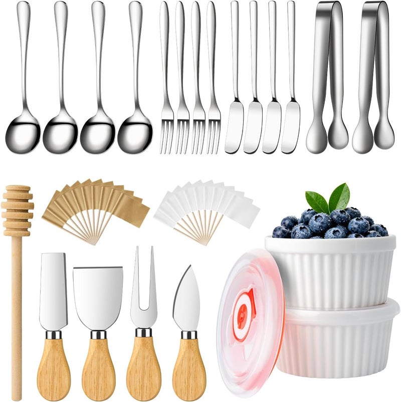ELIMTEC Charcuterie Boards Accessories Bowls with Lids, Cheese Butter Spreader Knife Set Mini Serving Tongs, Forks, Spoons,Dipping Bowls, Toothpick Flags, Honey Dippers For Party Platter Making (Silver) - Image 1